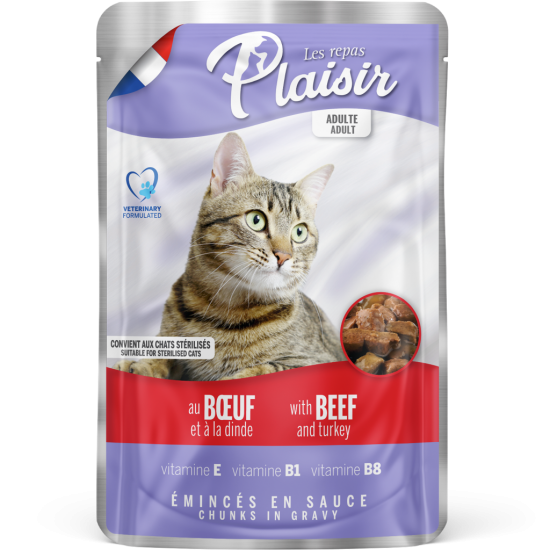 PLAISIR CAT POUCH ADULT STERILISED BEEF IN GRAVY 100gr
