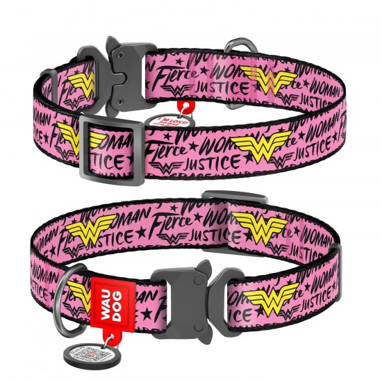 WD - Nylon dog collar with QR passport "WONDER WOMAN" METAL FASTEX 15MM X 23-35CM (0015-2007)