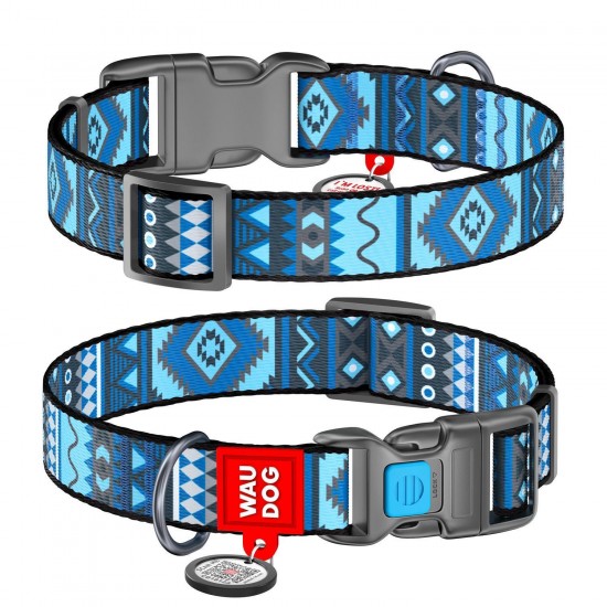 WD - Nylon dog collar with QR passport "ETNO BLUE" PLASTIC FASTEX S: 15MM X 23-35CM (4582)